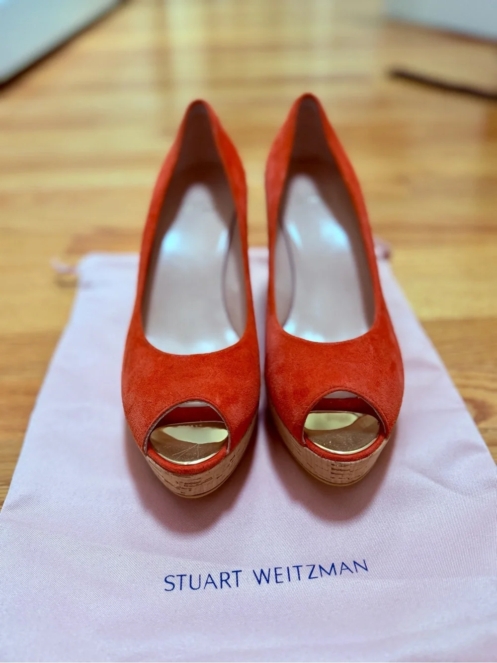 Stuart Weitzman Orange Suede Peep-Toe Platform Cork Wedges with Gold Accent